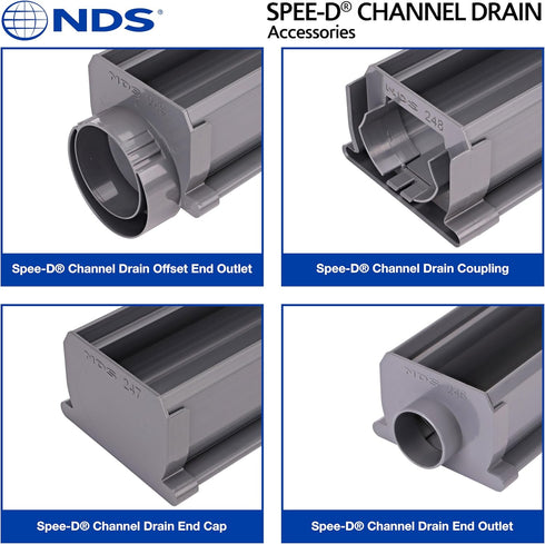NDS 249 Spee-D Channel Drain Offset End Outlet, Connects to 3 in. Drain Pipe, Adjustable, Gray