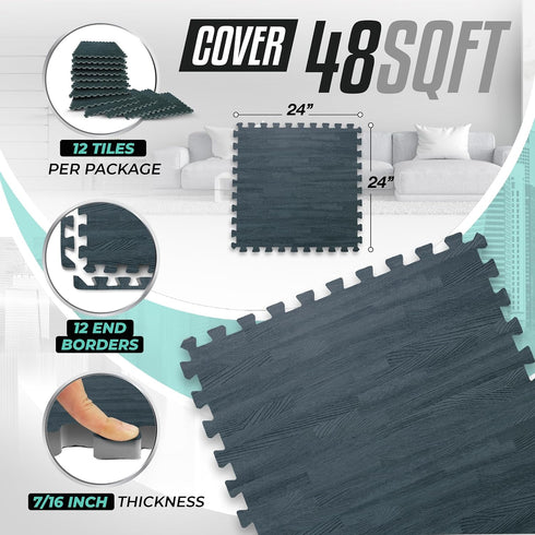 Yes4All 48SQ.FT Wood Grain Puzzle Exercise Mat, EVA Interlocking Foam Floor Tiles with Border for Home Flooring