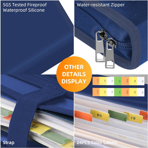 JUNDUN Accordion File Organizer, Fireproof Accordion Folder with Zipper & Labels, 12 Pocket