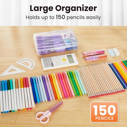 6 Pack Sooez Pencil Box, Hard Pencil Boxes for School Supplies Bulk, Large Plastic Pencil Case with Lid, Clear Pencil