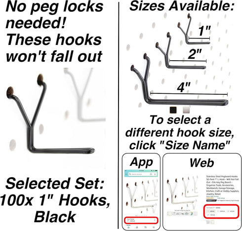 Steel Pegboard Hooks 100-Pack 1" L Hook, Black - Fits Any Peg Board for Organizing Tools, Accessories, Garage