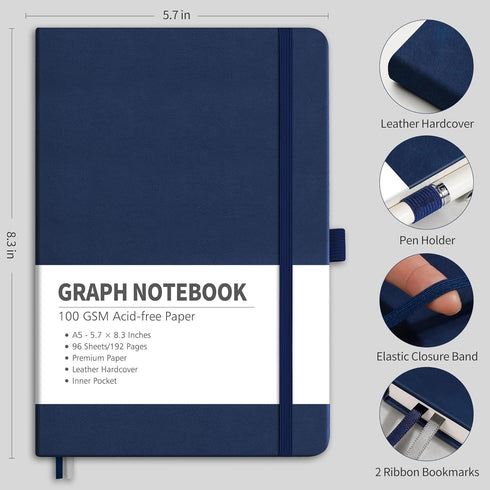 RETTACY Graph Paper Notebook - Graph Grid Paper Notebook with 192 Pages, Notebooks for Work, School, 100 GSM Paper, Leather Hardcover, Inner Pocket, 5.7'' × 8.3'' (Navy Blue)