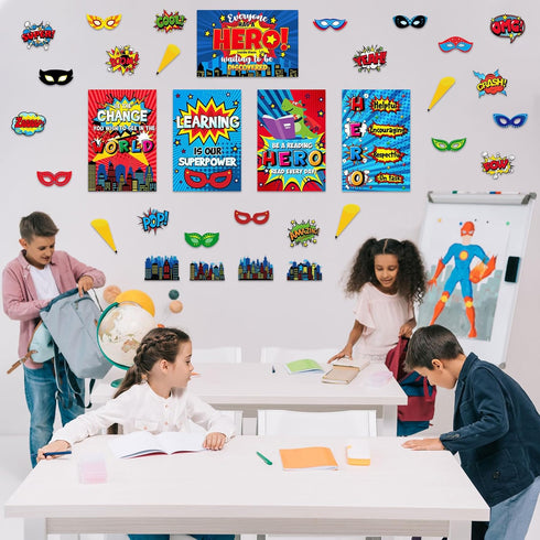 Outus 33 Pcs Hero Theme Classroom Decorations, Bulletin Board Set with Posters and Banners for Pre School