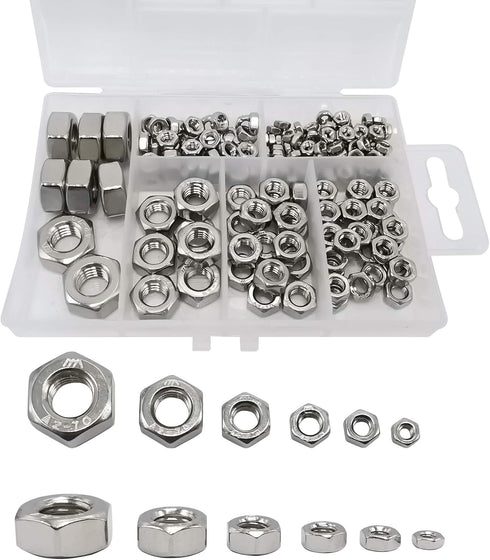 210PCS 304 Stainless Steel Hex Nuts Assortment Kit - 6 Sizes DIN 934 (M3 M4 M5 M6 M8 M10) for Professionals, Repairmen,