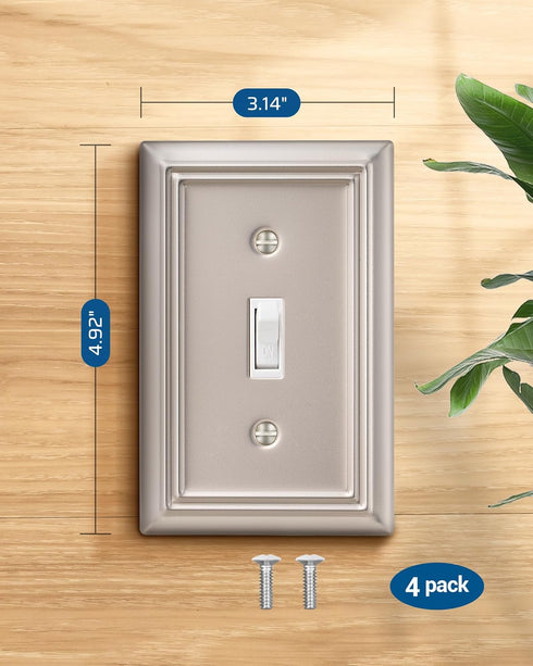 DEWENWILS Single Toggle Wall Plates, Satin Nickel Metal Outlet Covers, 4 Pack Light Switch Cover Plates for Home Decor