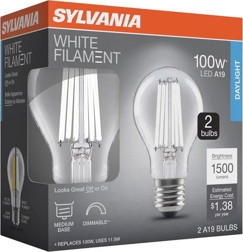 A19 Bulb, 11.5W, Dimmable, 1500 5000K, 2 Pack (42173) Sylvania Clear LED White Filament LMS, Medium Base, Daylight