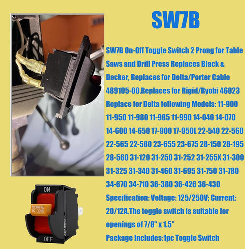 SW7B On-Off Toggle Switch 2 Prong, Replacement for Delta, Ryobi 46023, for Power Tools