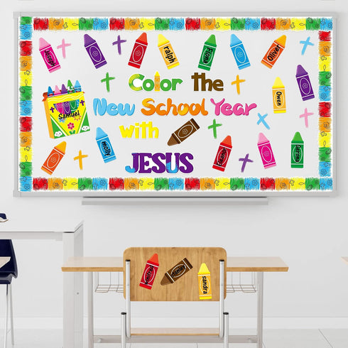 88Pcs Set BeYumi Color the New School Year with JESUS Christian Bulletin Board Colorful Crayons Cross Cutouts Border