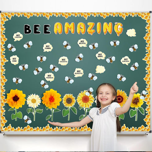 Qilery 103 Pcs Bee Amazing Bulletin Board Sets, Cute Bee Honey Cutouts and Borders for Spring Summer Classroom Decor