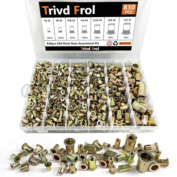 Trivd Frol Rivet Nut Tool Kit, 830pcs SAE/Metric Rivet Nut Assortment Kit #6-32, #8-32,