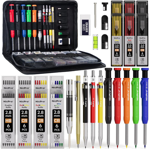 Nicpro 31 Pack Carpenter Pencil Set with Sharpener, Mechanical Pencils with 128PCS Refills, Heavy Duty Construction