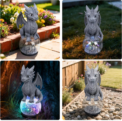 Dragon Garden Statue with Solar Crackle Glass Ball - Gothic Outdoor Decor for Patio & Yard - Mystical Dragon Guardian
