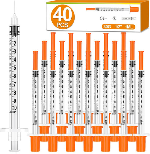 40 Pack 1ml Syringes with Needle-30Ga 0.5 Inch, Individually Sealed Packaging