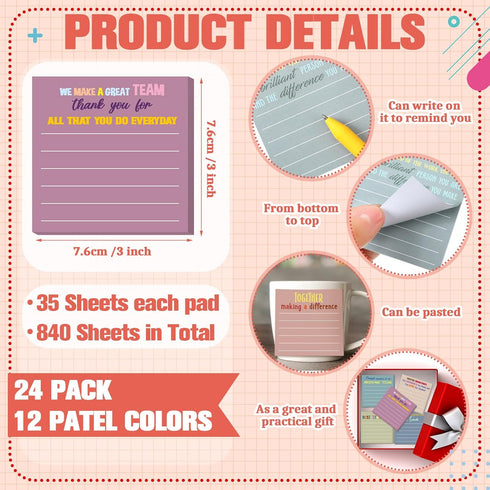 Yinder 24 Pcs Inspirational Sticky Notes with Lines, Cute Motivational Sticky Note Pad for Coworkers Nurse Office