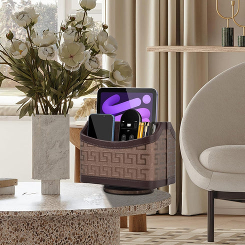 Leather Remote Control Holder, 360° Rotatable Bedside Nightstand Phone Caddy for Desk Organizer & Office Supplies