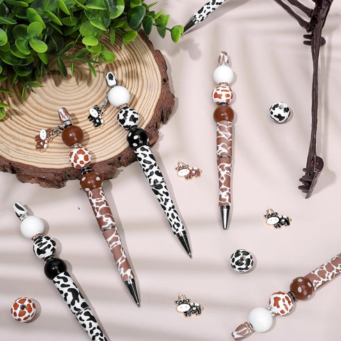 Whaline 110Pcs Cow Beadable Pens, Black and Brown Cow Print DIY Pens with Beads