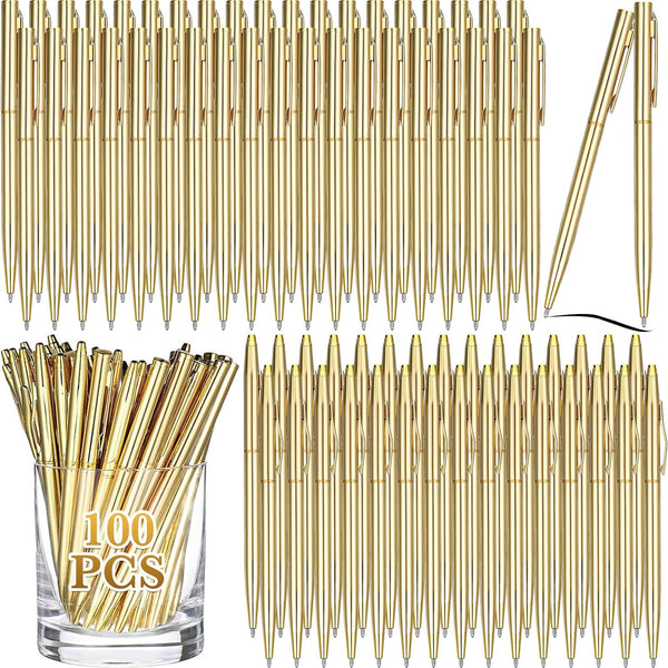 Fuutreo 100 Pack Gold Metallic Slim Ballpoint Pens, Retractable Christmas Ballpoint Pen with Black Ink