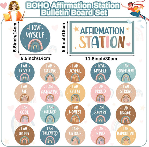 BOHO Affirmation Station Bulletin Board Set with Rainbow Positive Cutouts for Classroom, Inspirational Growth Mindset