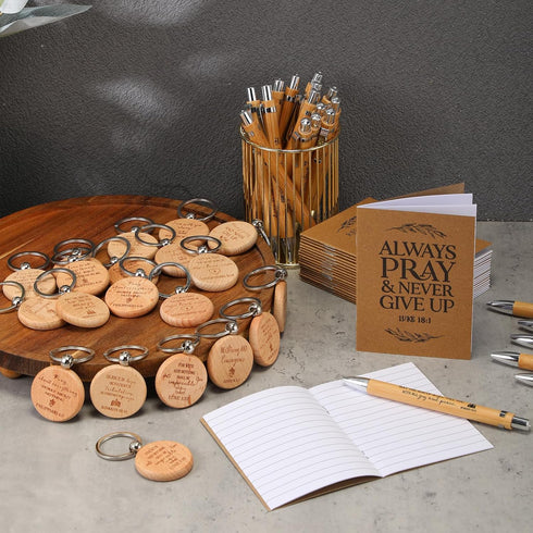 Seajan 40 Sets Christian Gifts, Bible Verse Notebooks, Religious Bamboo Pens, Wooden Keychains for Church Appreciation