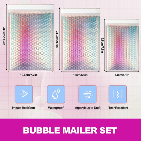 Xvvirnt 50 Pcs Holographic Bubble Mailers,Metallic Bubble Mailers With Thank You Cards and Stickers,Poly Padded
