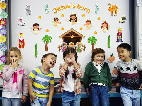 WaaHome Jesus is Born Bulletin Board Decorations Set, 38pcs Nativity Scene Cutouts for Christmas Classroom Decor