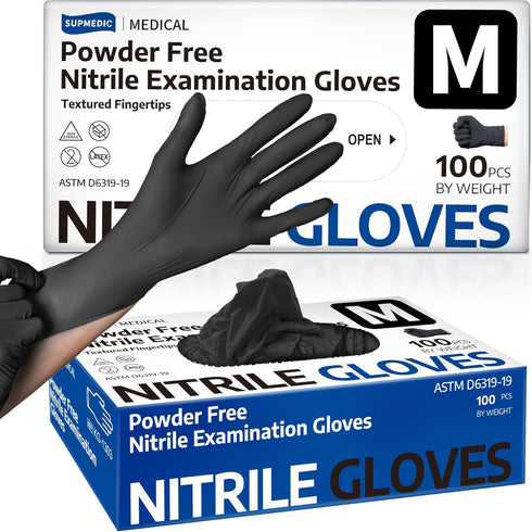 Medical Nitrile Exam Gloves, Black 3.5 mil Powder-Free Latex-Free Disposable Glove, 100 Pcs