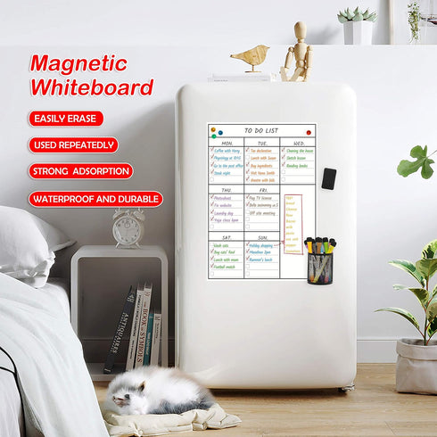 LUCYCAZ Magnetic Dry Erase To Do List Board for Fridge - Vertical Weekly Planning Board with 8 Markers, 12''x17'' (A3)