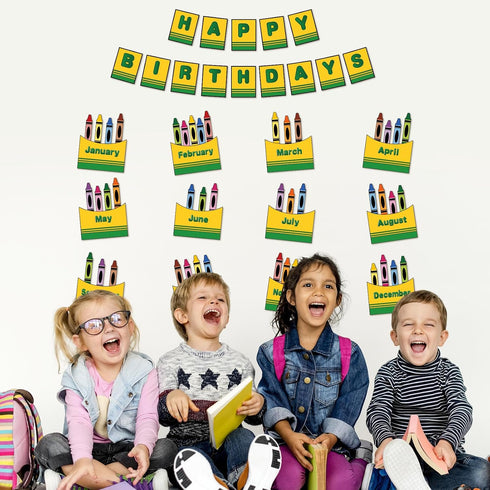 Set 68Pcs FYSUIMU Happy Birthday Bulletin Board Back to School Crayon Paper Cutouts Calendar Chart Poster with Glue