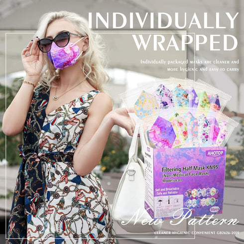 KN95 60 Pack KN95 5 Face Masks, Individually Wrapped Masks, layer Colorful Floral Face Mask with Design for Adults