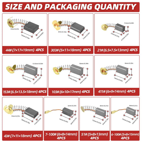 40PCS Electric Motor Carbon Brushes Replacement Repair Tool Set,10 Different Sizes Graphite Carbon Brush for Motor