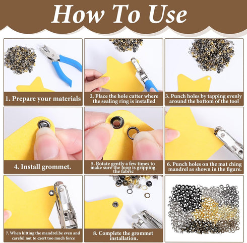 Neyauo 240 Grommet 1/4 Inch (3mm Set, 240 Grommets Pcs Tool Kit, Inside) Metal Eyelet PCS Gold/Silver/Copper/Black