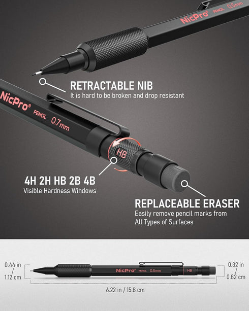 Nicpro 0.5 mm & 0.7 mm Mechanical Pencil Set with Case, MP2000 Metal Artist Pencil with 4 Tube HB 2B Lead Refills