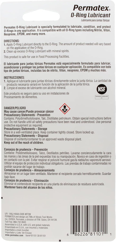 81101 1 OZ Permatex O-Ring Lubricant Lubricates & Extends Life of O-Rings, Gaskets, Seals, Pressure Plugs & Valves