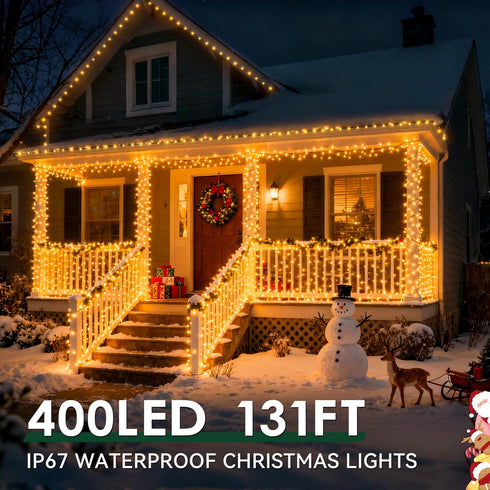 400LEDs 131FT IP67 8 Outdoor Christmas Lights, Christmas Tree String Lights, Waterproof Modes Warm White Holiday Lights