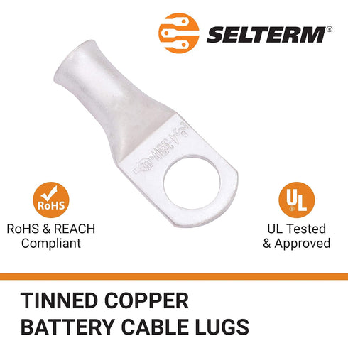 SELTERM 25pcs 4 AWG 3/8" Stud Marine Grade Tinned Copper Battery Cable Lugs, 4 Gauge Ring Terminals