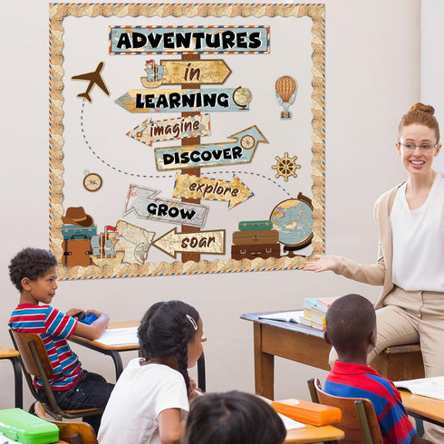 Travel The Map Bulletin Board Cutouts with Motivational Sign for Kids Let's Explore Voyage Classroom Decor