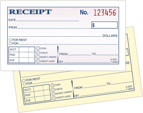 Adams 2-3/4 5-3/8 Inches, 2-Parts, 50 Sets 3 (DC2501-3) Money and Rent Receipt, x Carbonless, White/Canary, per Book