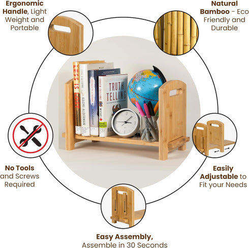 Adjustable Desktop Bookshelf - Sturdy Desk Bookshelf and Book Organizer - No Tools Required to Assemble This Desktop