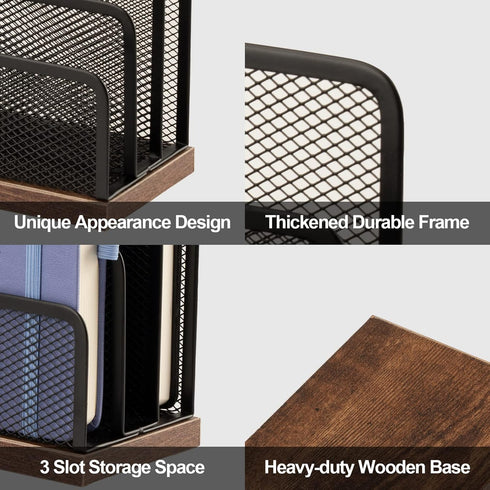 Wooden Desk Mail Organizer, 2 Pack, Metal Mesh with 3 Vertical Compartments for Letters, Postcards, Brochures