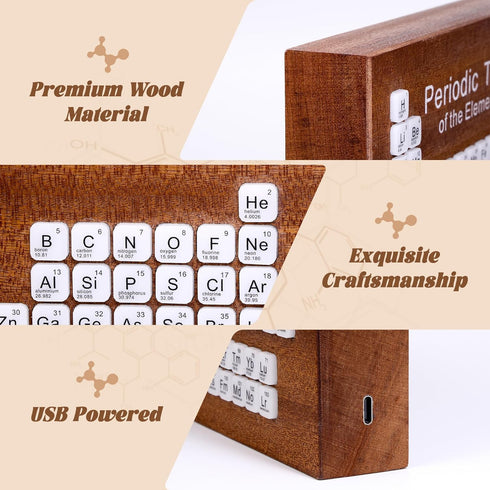 Ammonite Wooden Periodic Table Desk Lamp, USB Powered Element Block LED Warm White Light, Educational Decor