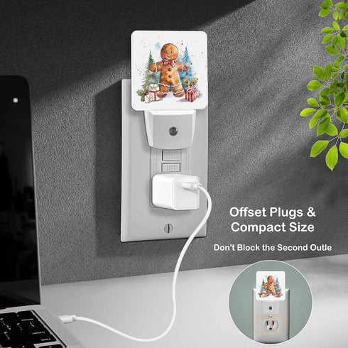 Jahiona White,0.5W LED Night Light Lamp with Smart Sensor Dusk to Dawn Sensor,Watercolor Gingerbread Man with Presents