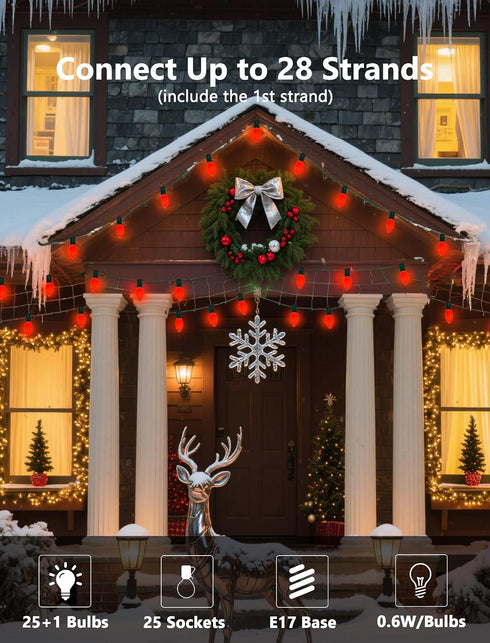C9 25FT C9 26 Bulbs, LED Red Christmas Lights Outdoor, LED Outdoor String Lights with Shatterproof Red Waterproof