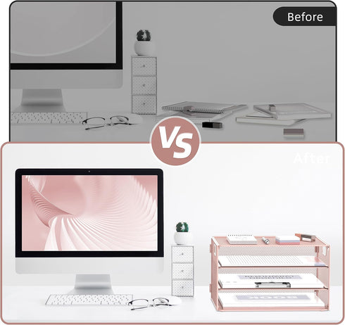 DALTACK 3 Tier Letter Tray Paper Organizer with Handle, Mesh Desk File Organizer for School Office Home, Pink