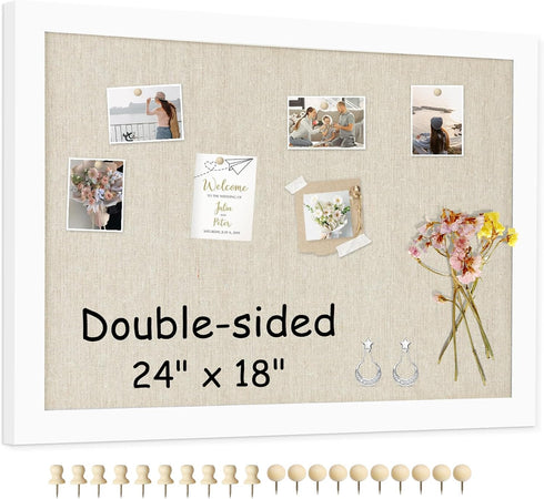 Double-Sided Large Cork Board with Linen, 24" x 18" Hanging Wood Framed Bulletin Board