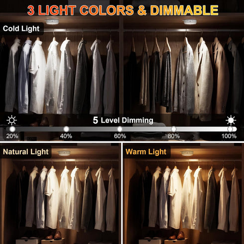 3 Pack, Closet 3 Dimming, 3 YiaMia Motion Sensor Night Light - Smart Wireless Lights, Light Colors + AA Battery