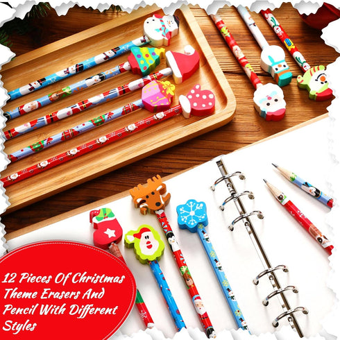 Christmas Pencils with Eraser Toppers - Multicolored Wooden Snowman Santa Claus for Kids Classroom Supplies