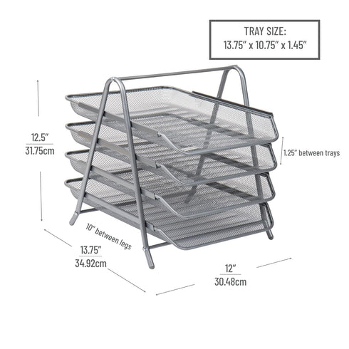 Mind Reader 4-Tier Paper Tray, Desktop Organizer, File Storage, Metal Mesh, 12"L x 13.75"W x 12.5"H, Silver
