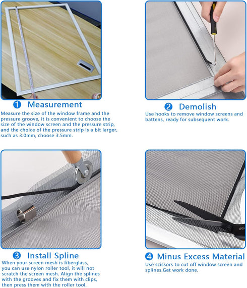 BAYTORY Upgrade Window Screen Repair Kit, Steel/Nylon Roller Tool with 32ft Retainer Spline & 12 Screen Clips