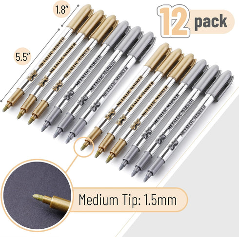 Mr. Pen- Metallic Paint Markers, 12 Pack, Silver and Gold, Silver Paint Marker, Gold Ink Pen, Silver Pen, Silver Markers Permanent Metallic, Silver Ink Pen, Gold Metallic Marker, Gold Marker, Gold Pen by Mr. Pen