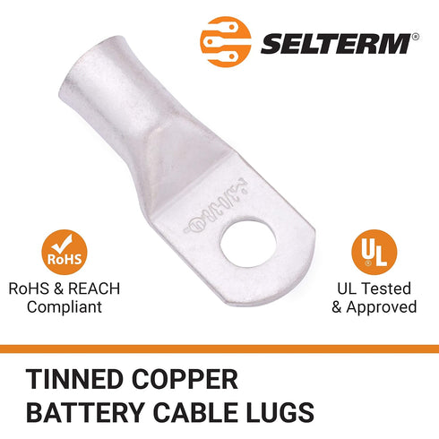 SELTERM 10pcs 3/0 AWG-3/8" Stud Tinned Copper Wire Lugs, Heavy Duty Battery Cable Ends, UL Battery Connectors